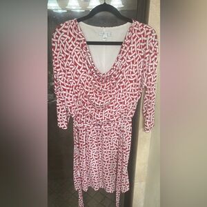 London Times Red and White Geometric Long Sleeve Dress